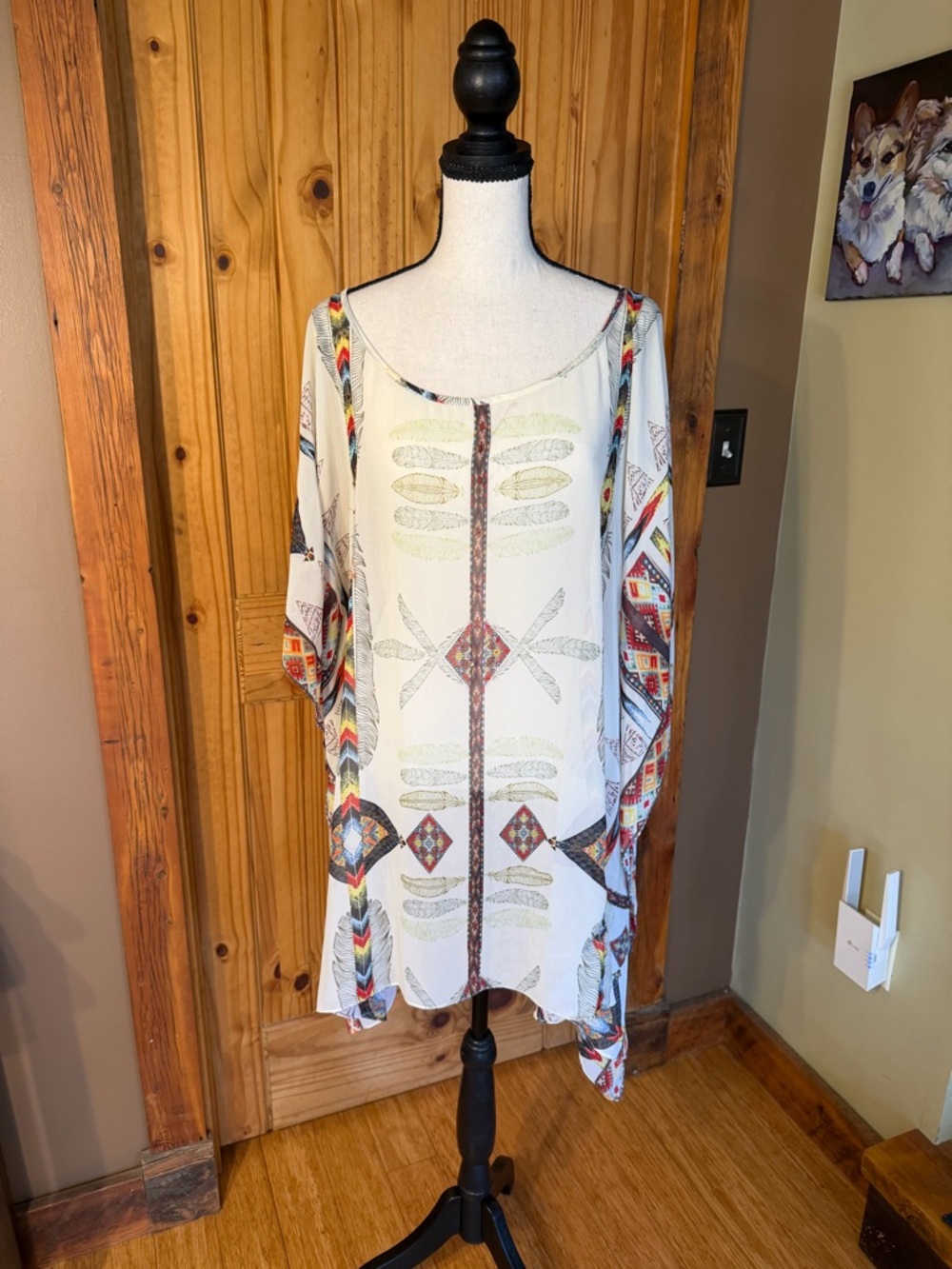 Vintage Collection chiffon Aztec Print & Beaded Dolman Sleeve Ponch/Tunic, XL